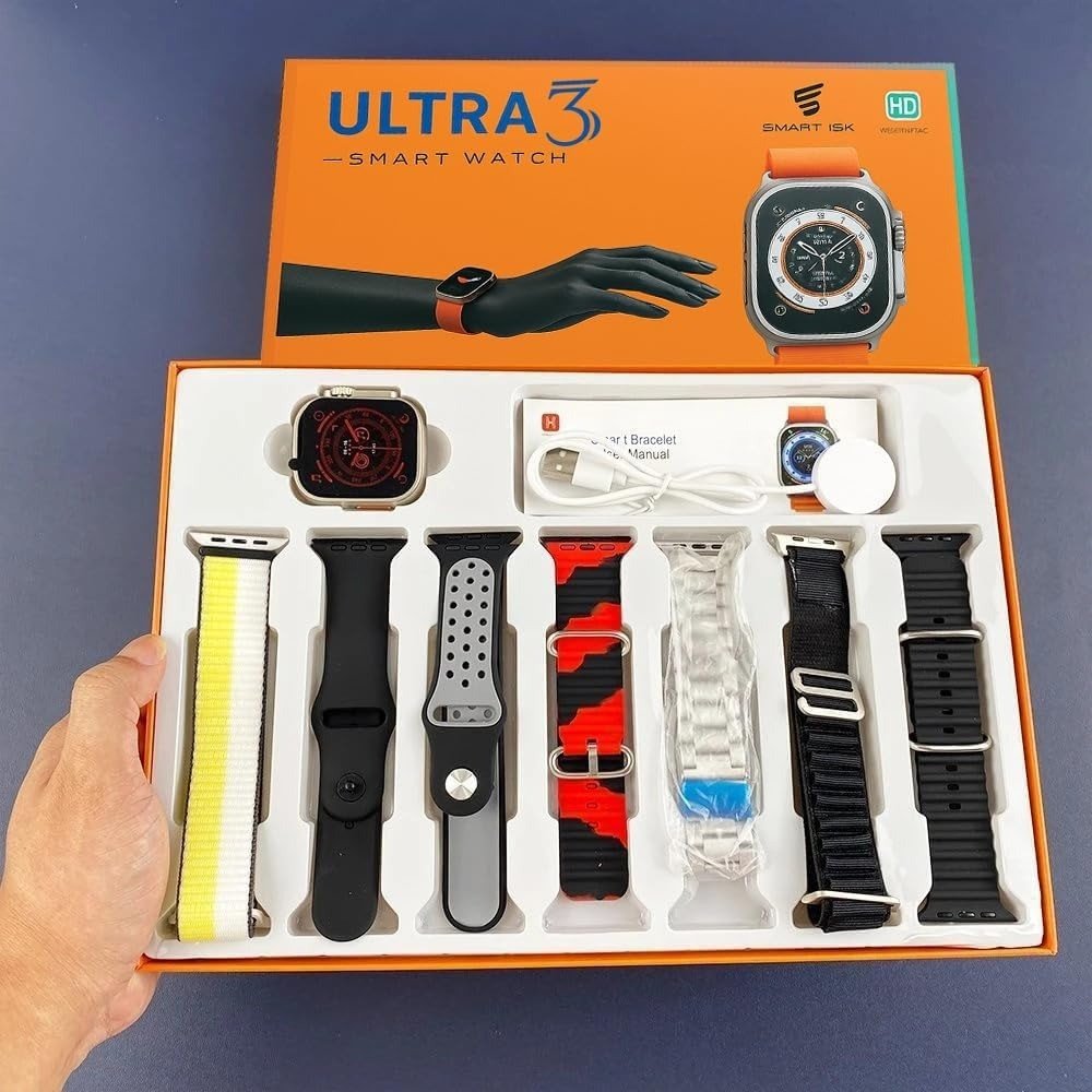 Ultra 3 Smart Watch With 7 In 1 Straps 2.01 Infinite Display BT Calling Sports Mode Fitness 7 Belt For Men & Women Smartwatch (7 Multicolor Strap, Free Size)