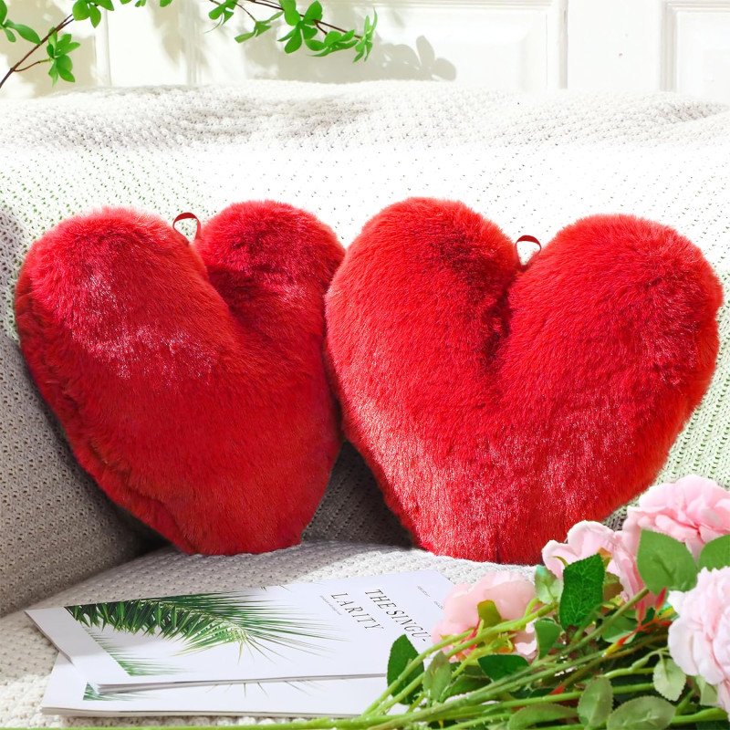 Pack of 2 Heart Shape 18 Inches Decorative Plushie Cushions for Sofa & Bed | Head Rest & Soft Cushion Pillow for Car & Room Decoration | Plain - Blood Red
