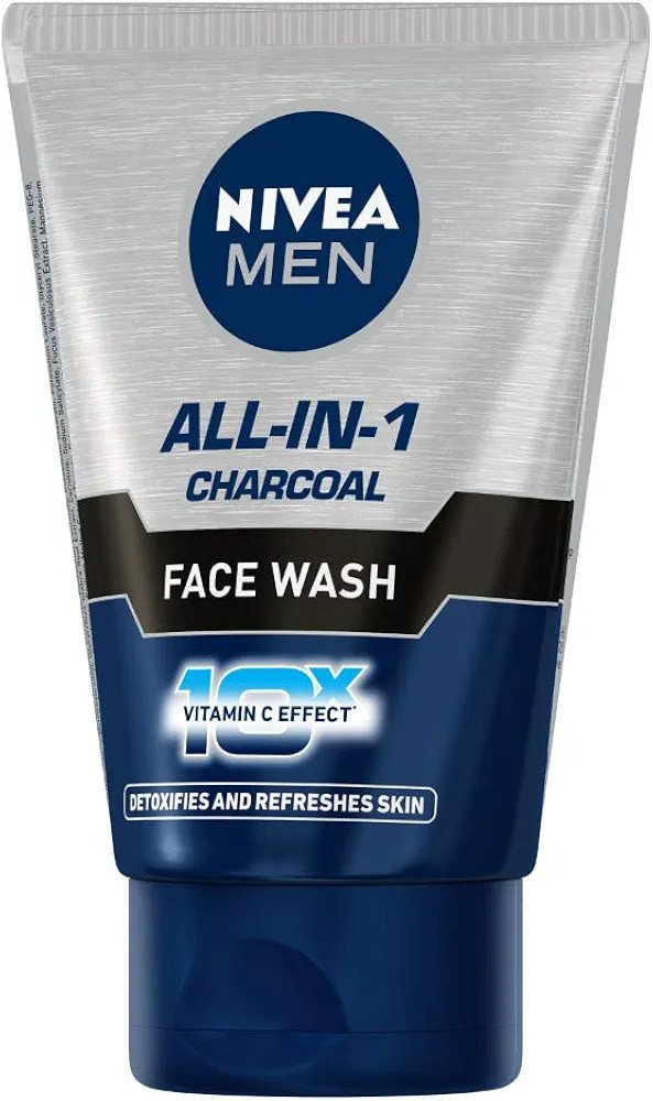 NIVEA Men Face Wash, All in 1 Charcoal, to Detoxify & Refresh Skin with 10x Vitamin C Effect, for All Skin Types, 100 g