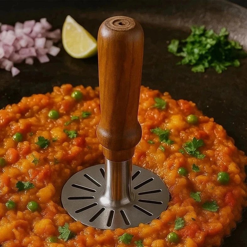 Stainless Steel Potato Masher, Pav Bhaji Masher with wooden handle Stainless Steel Masher (Pack of 2)