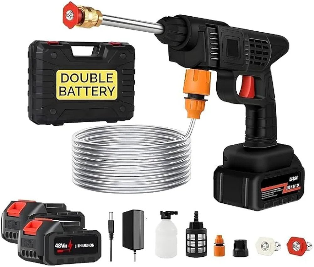 (Double Battery) High Pressure Multipurpose Washer Car Washer Cleaning 48V Rechargeable Electric Pressure Washer Gun Adjustable Nozzle and 5M Hose Pipe